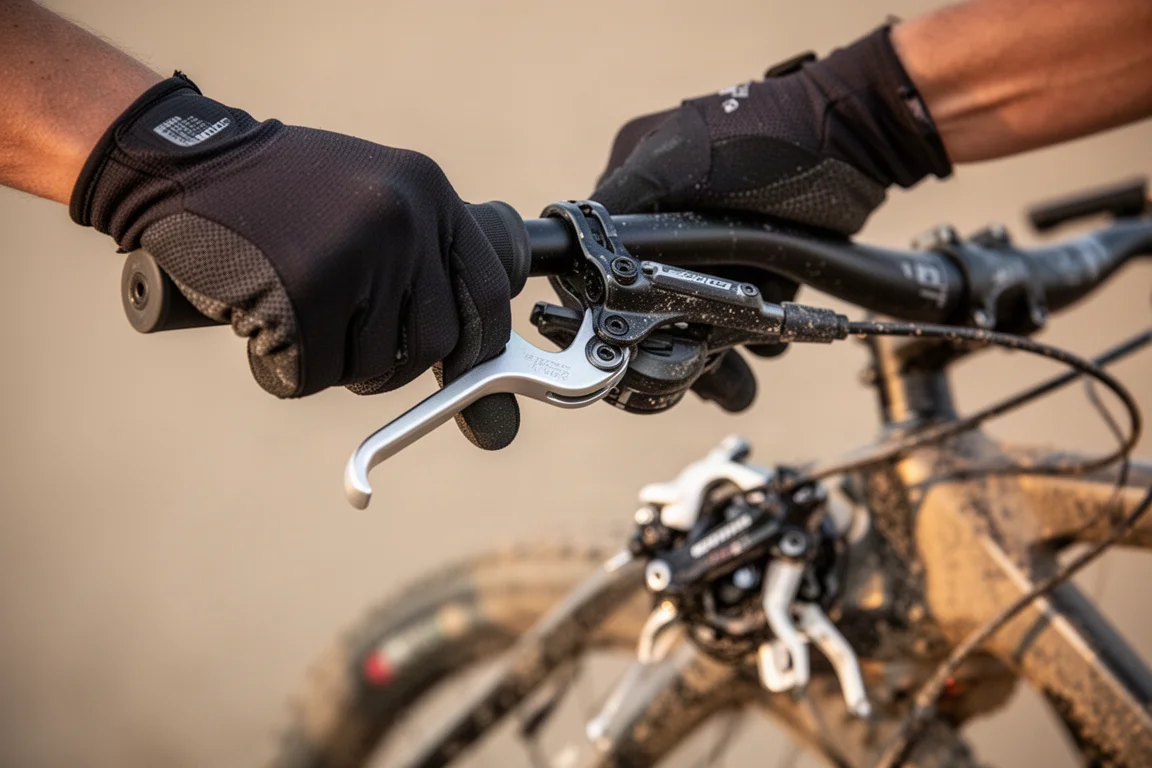 Gloved hand pulling a cast aluminium hydraulic brake lever on a mountain bike handlebar
