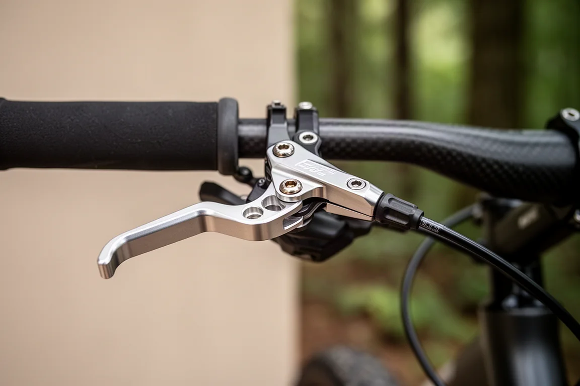 Macro detail of a machined brake lever with carbon fibre blade and titanium bolts
