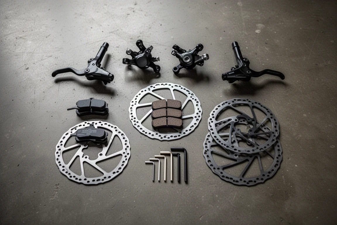 Flat-lay of brake levers, calipers, rotors, pads and hex keys on a dark concrete floor