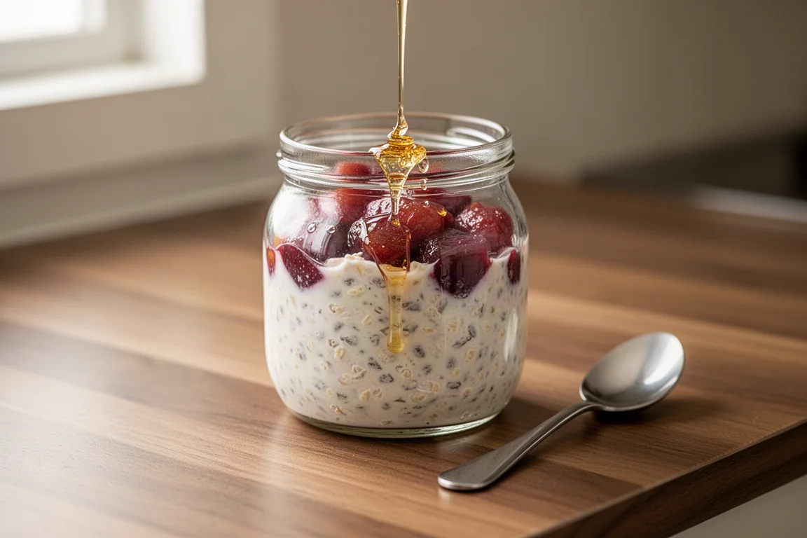 Jar of overnight oats with stewed fruit on a kitchen counter