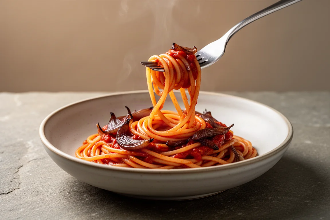 Caramelised shallot and tomato pasta being twirled on a fork