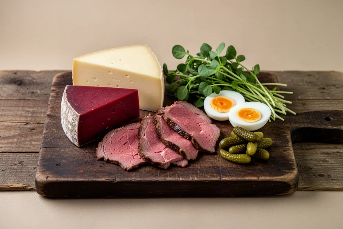 Ploughman's style cheese board with beef, egg and pickle