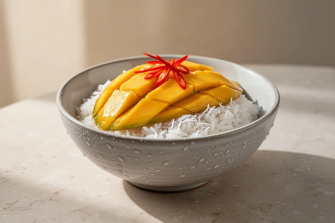Chilled coconut sticky rice topped with fresh mango slices