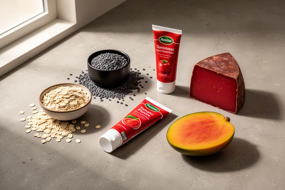 Flat-lay of oats, tomato puree tube, red cheese wedge and halved mango on concrete