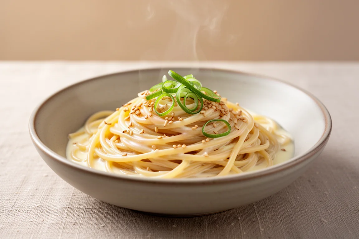 Eine Schüssel Butter-Miso-Pasta, garniert mit Sesamsamen und Frühlingszwiebeln