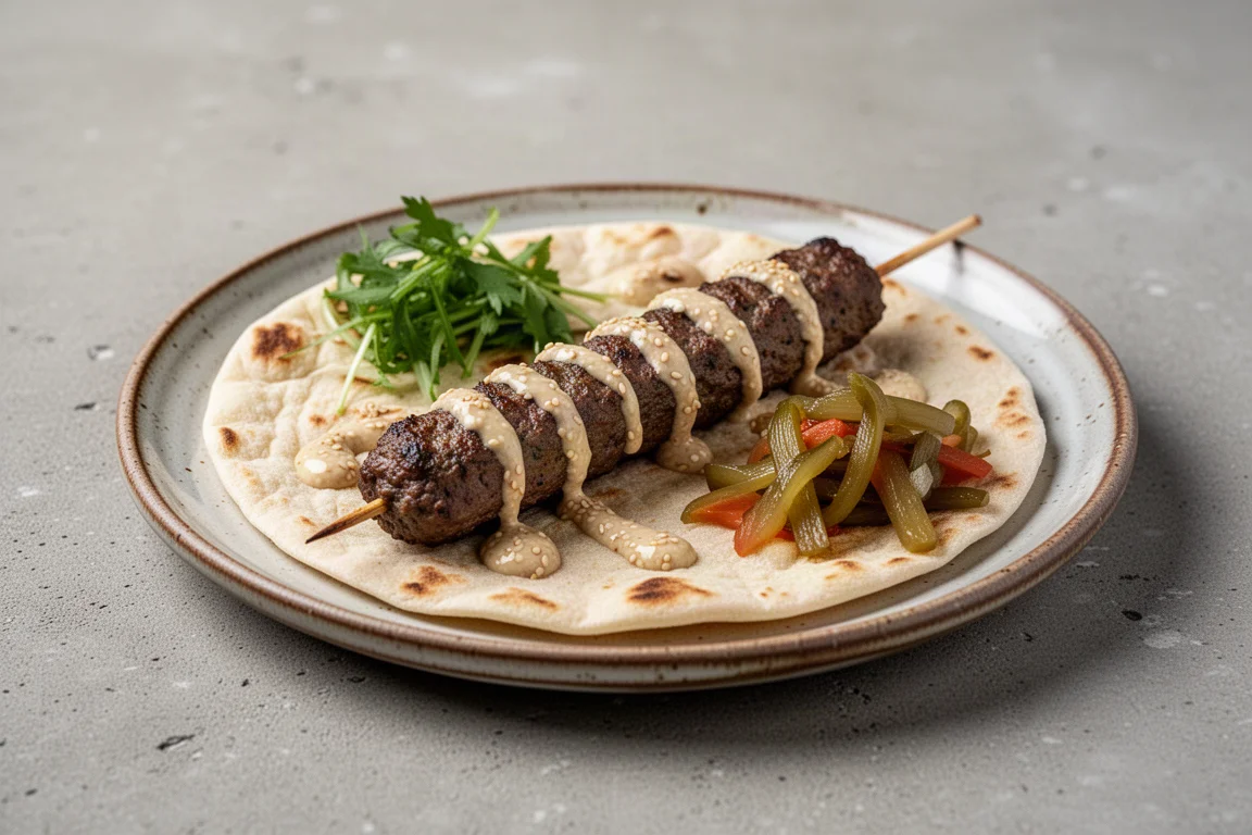 Ein Lamm-Kebab-Fladenbrot mit Tahini-Sauce beträufelt auf einem rustikalen Teller