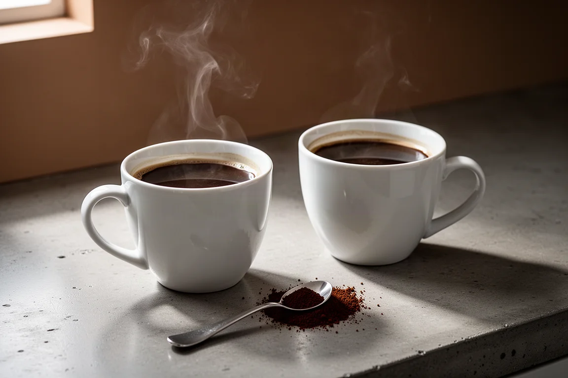 Zwei Tassen Instantkaffee, nebeneinander zubereitet auf einer Küchenarbeitsplatte