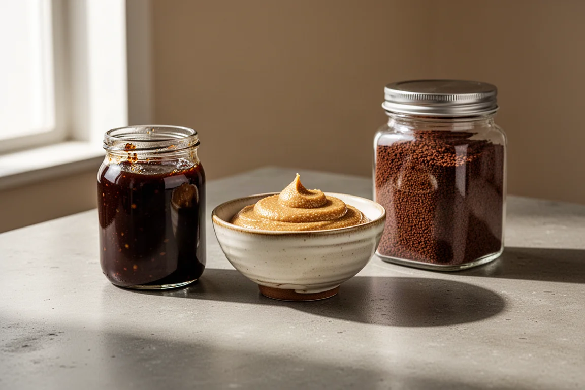 Miso paste, tahini and instant coffee jars arranged on a concrete worktop
