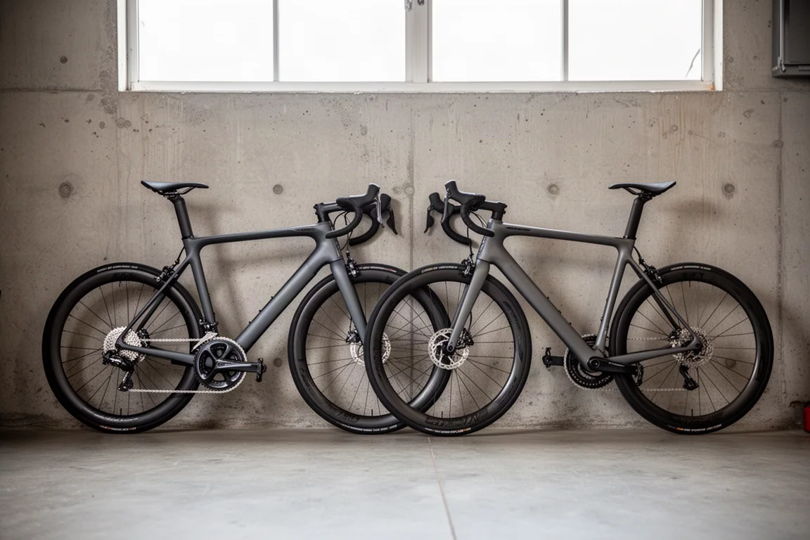 Deux vélos de route en carbone identiques stationnés côte à côte dans un atelier