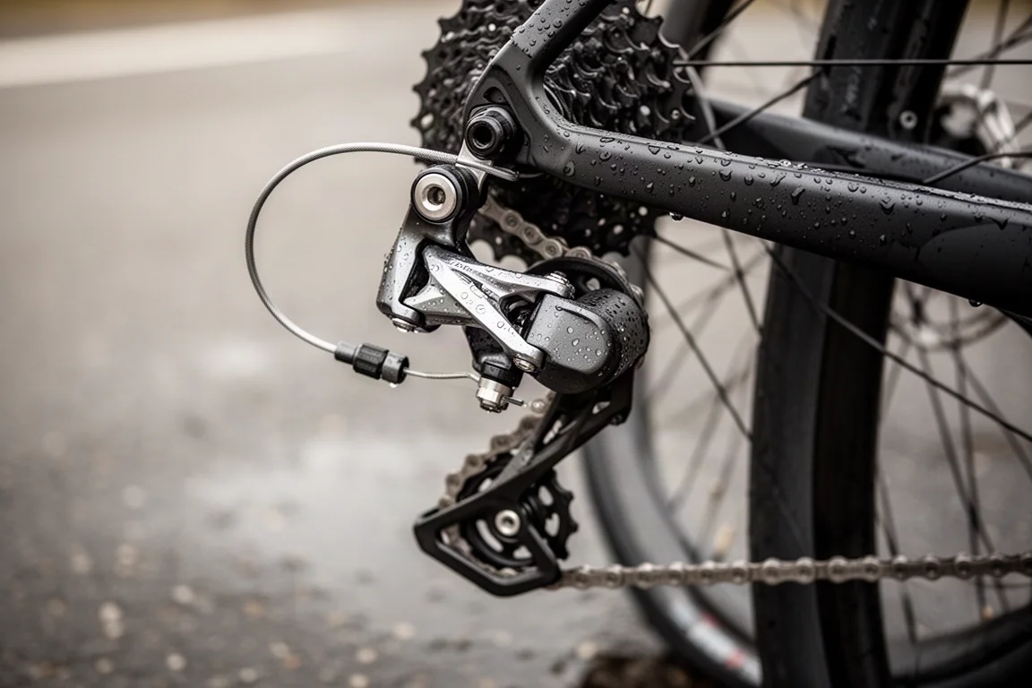 Gros plan sur un dérailleur arrière mécanique et un câble de commande sur un cadre de vélo de route mouillé