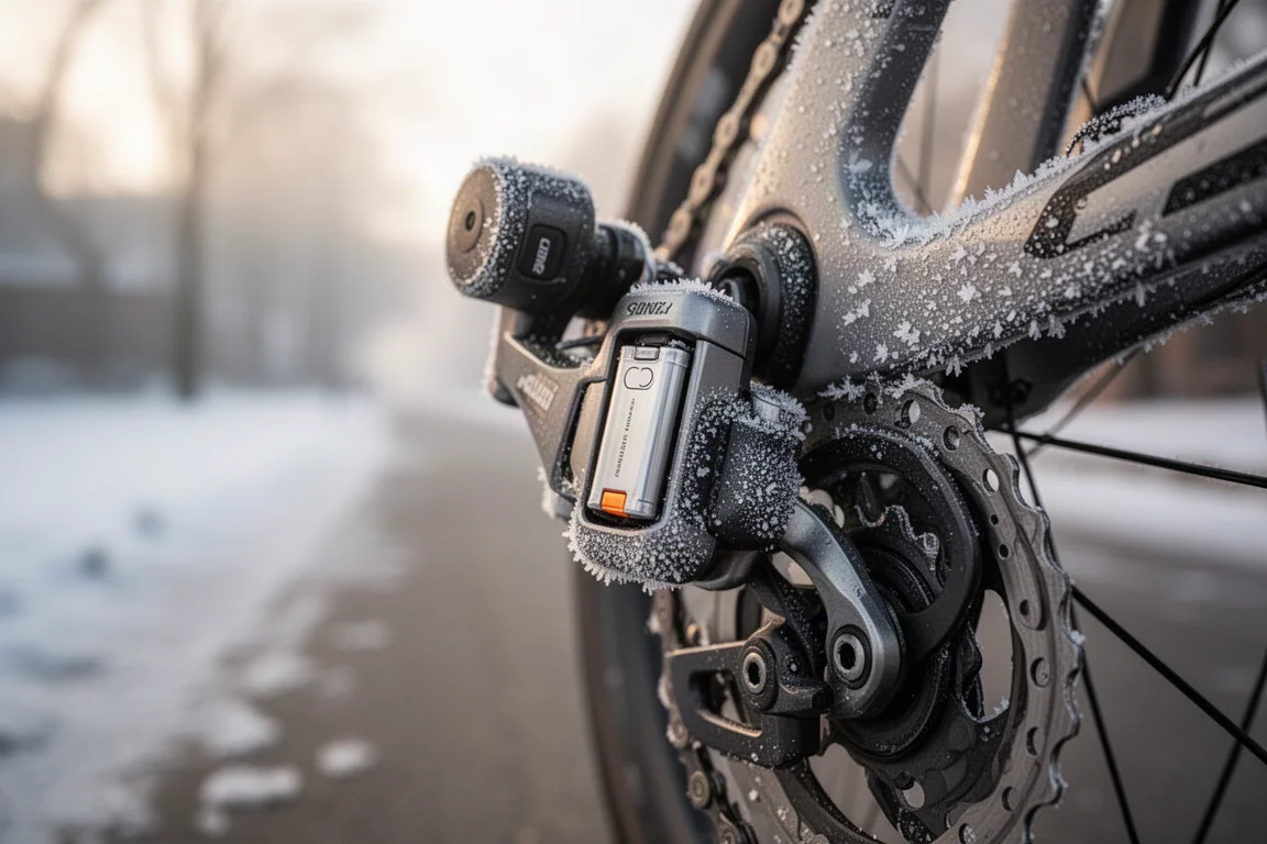 Dérailleur arrière sans fil avec batterie amovible sur un cadre de vélo givré