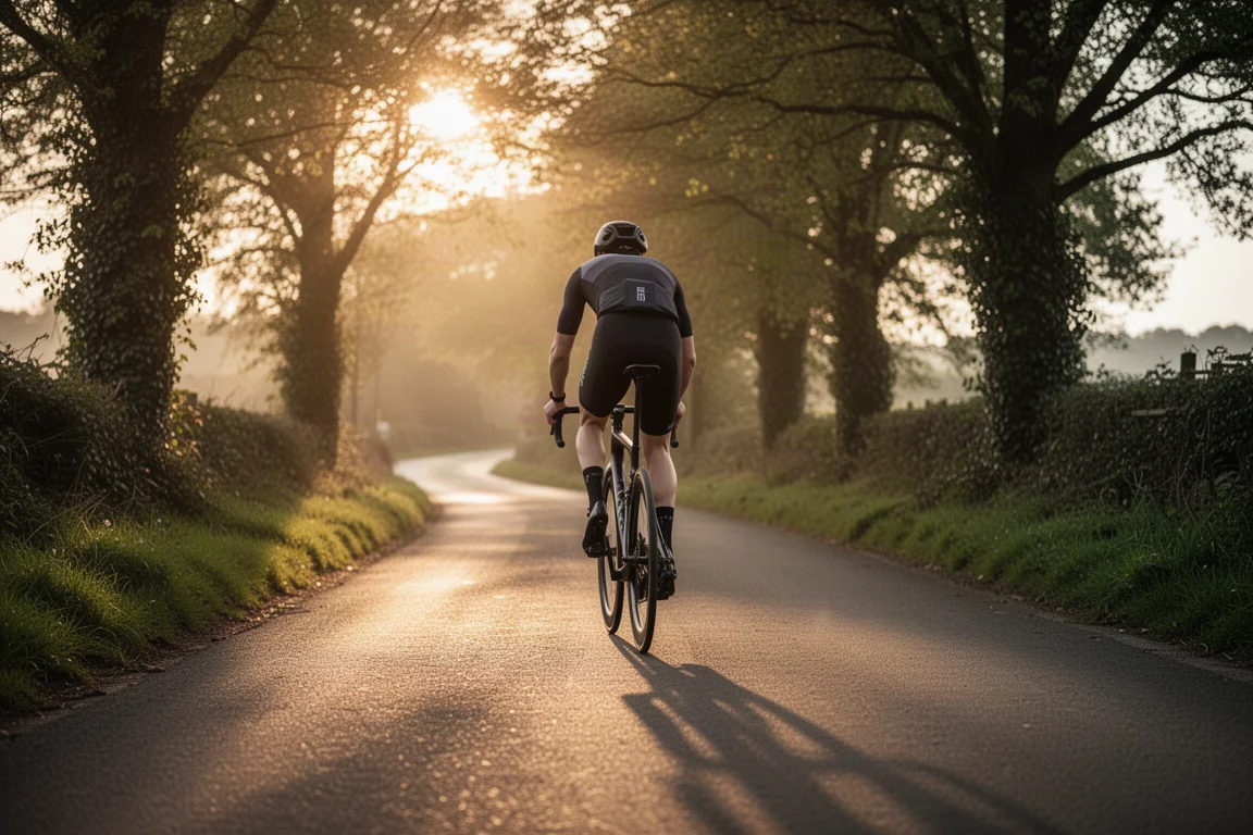Cycliste sur un vélo de course en carbone sur une petite route de campagne à l'heure dorée