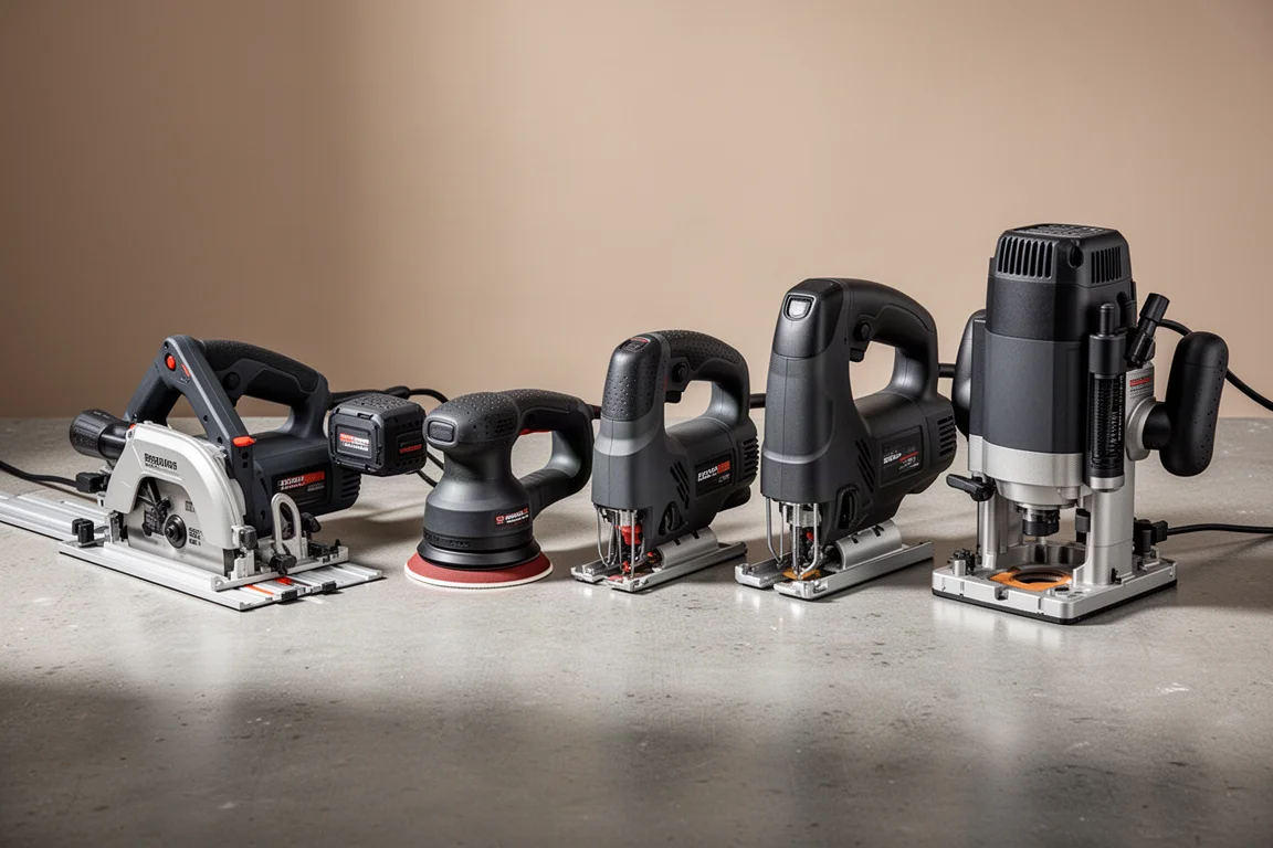 Four pairs of budget and premium woodworking power tools arranged on a concrete surface