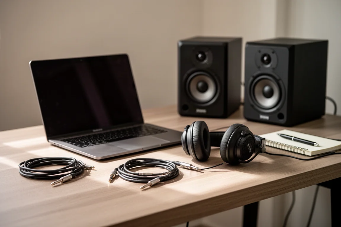 Bureau de home studio avec ordinateur portable, enceintes de monitoring, casque et câbles audio enroulés