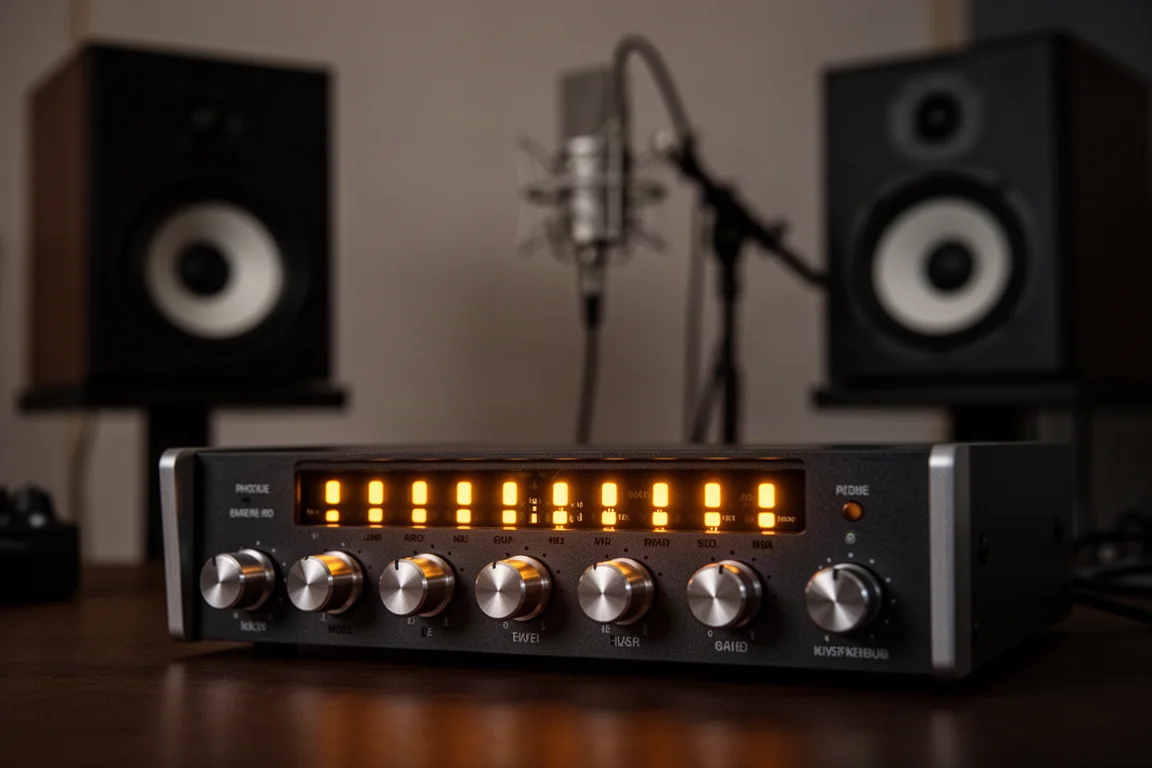 VU-mètres illuminés et boutons métalliques sur une interface audio de bureau dans un studio sombre