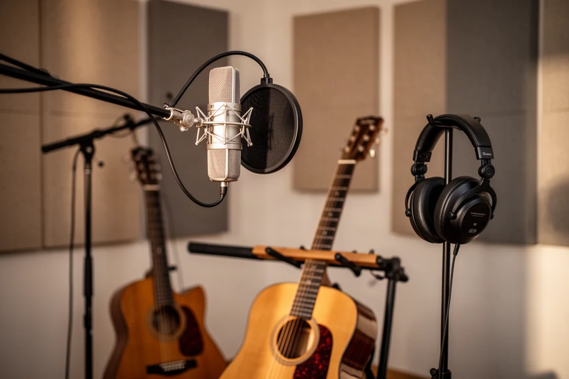 Session d'enregistrement avec microphone sur bras articulé, guitare acoustique et casque dans une pièce traitée