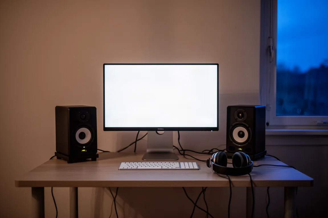 Home studio compact au crépuscule avec écran lumineux, enceintes de monitoring et casque