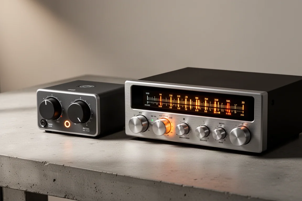 Two desktop audio interfaces with knobs and level meters on a concrete surface