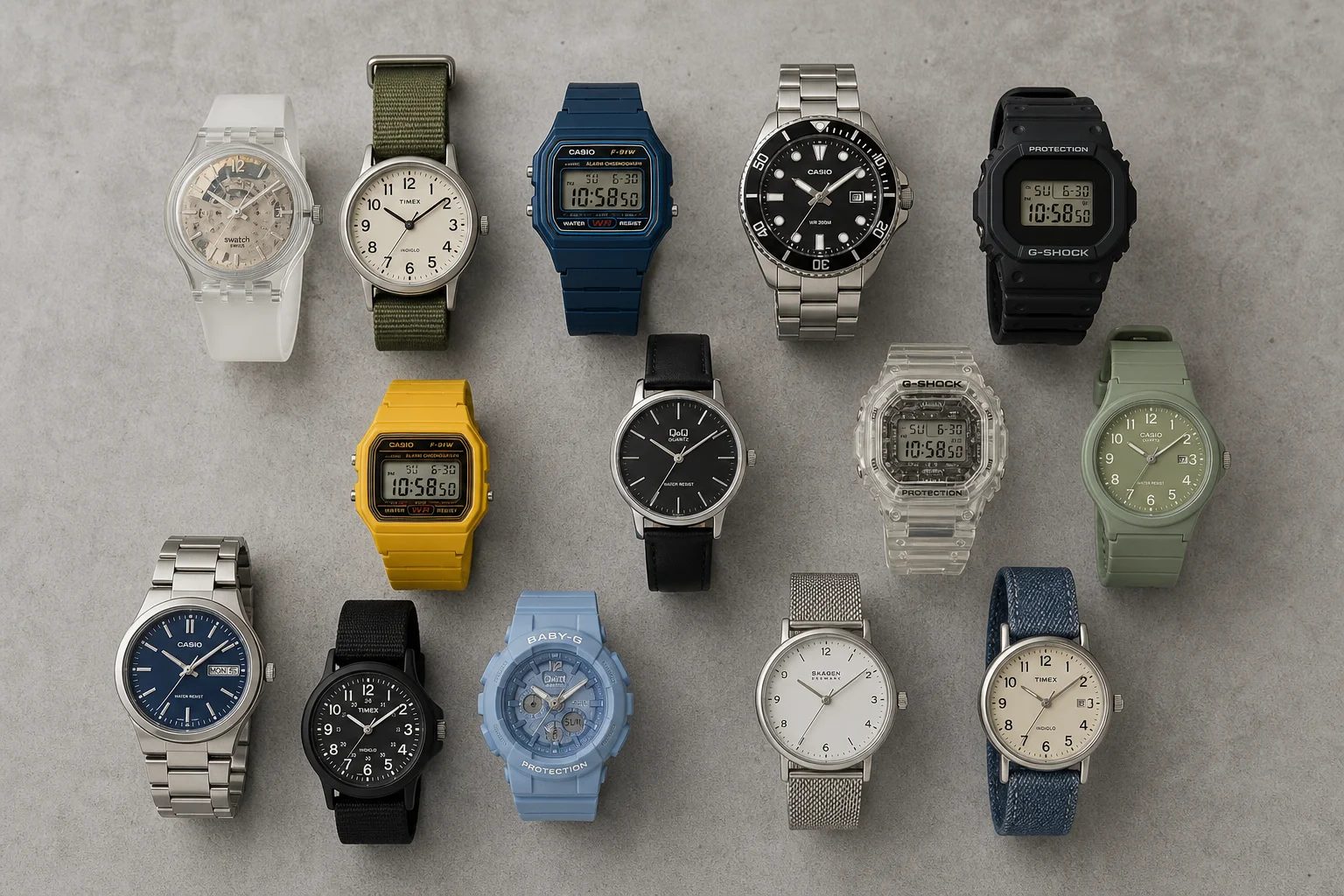Collection of 13 budget watches with various styles, colors, and designs on concrete surface