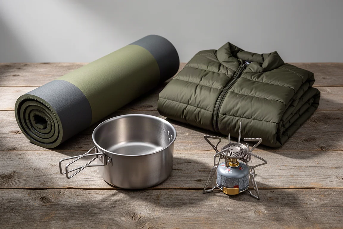 Rolled sleeping pads, down jacket, titanium pot and canister stove arranged on concrete