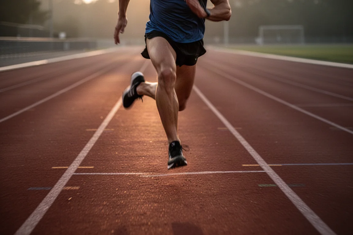運動員黃昏時在室外田徑場上進行快速間歇跑