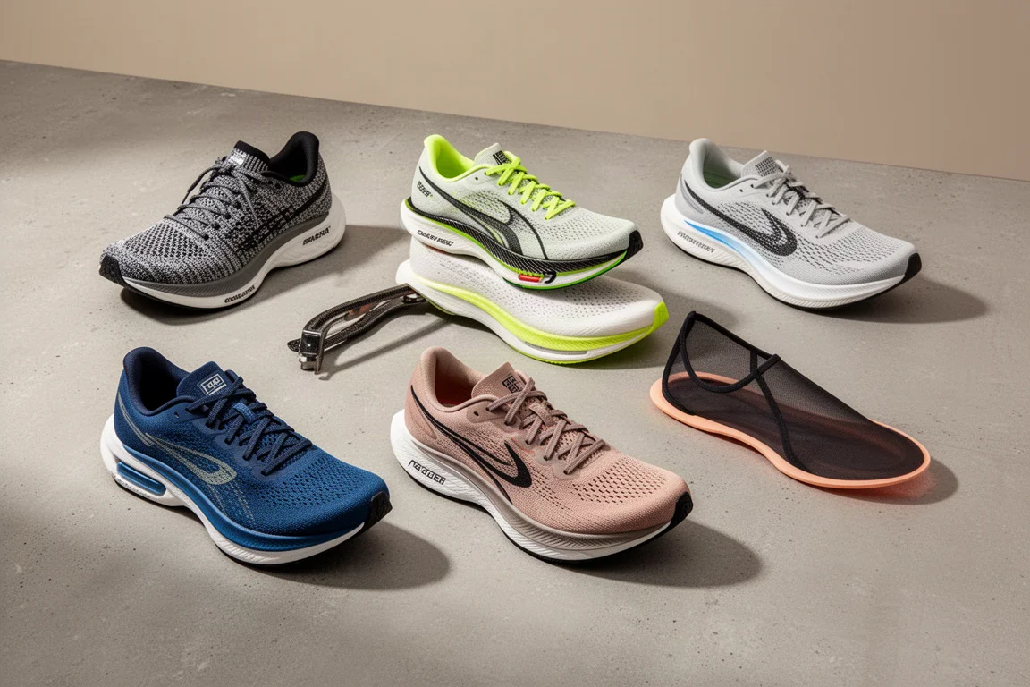 Six different running shoe silhouettes arranged in a grid on a concrete surface