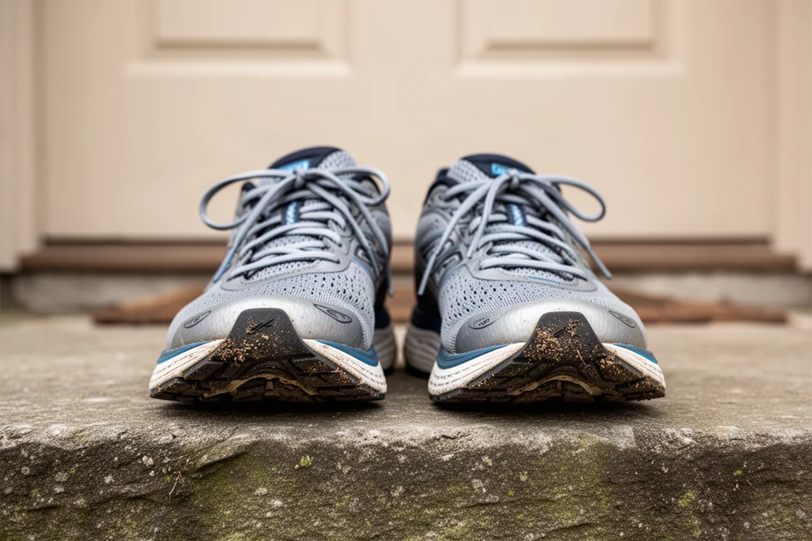 Zapatillas de running diarias apoyadas en el umbral de una puerta tras una carrera suave matinal