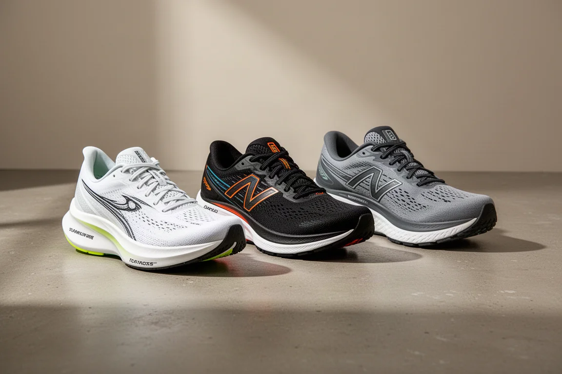 Three running shoes, a racer, a tempo trainer and a cushioned daily shoe, on a concrete surface