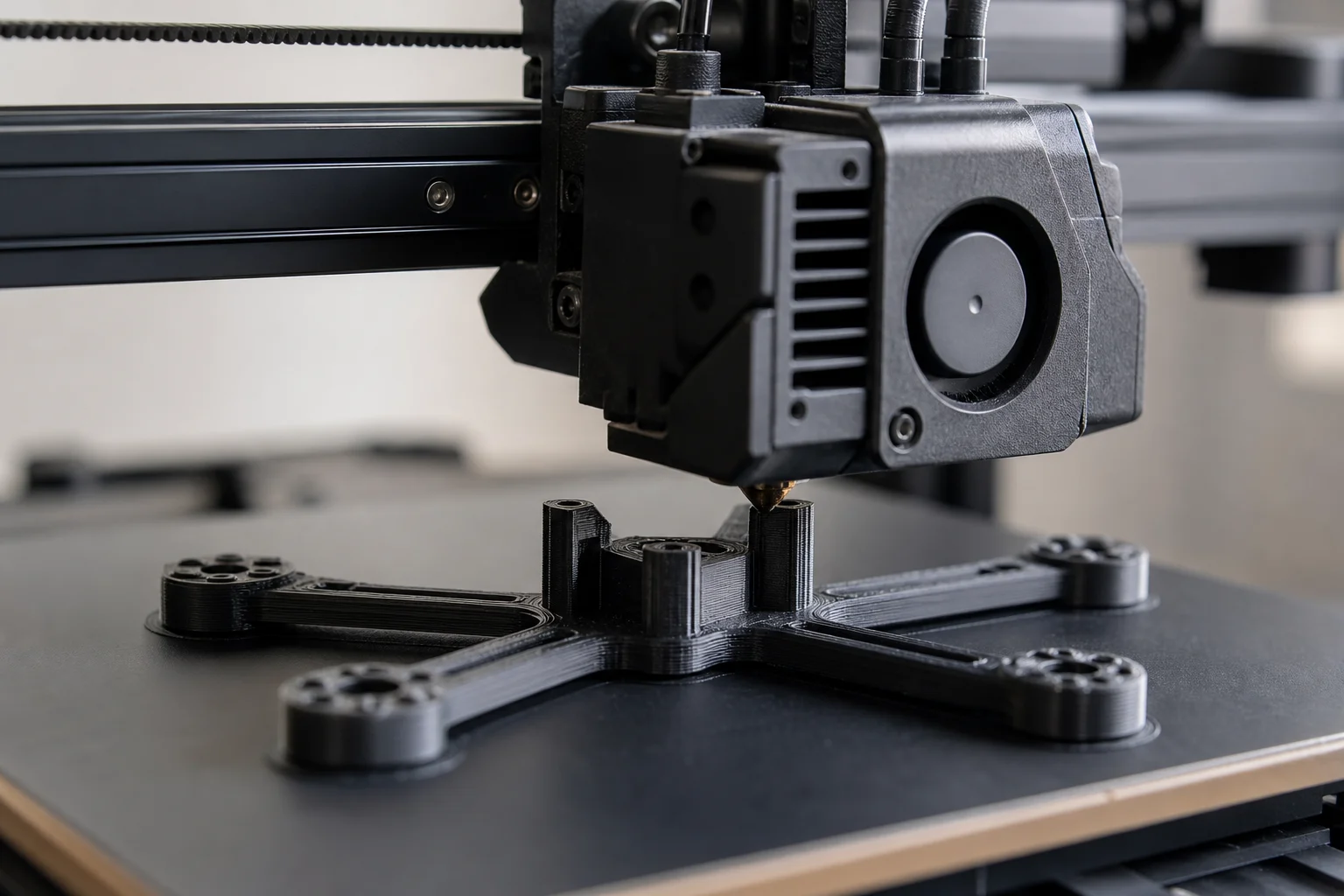 Ugello di una stampante 3D che deposita materiale sul piano riscaldato creando una parte del telaio del drone