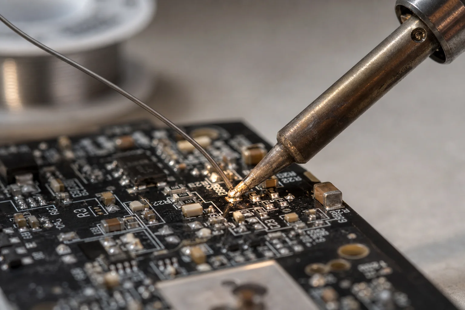 Saldatore che applica stagno su una piazzola PCB con componenti a montaggio superficiale visibili