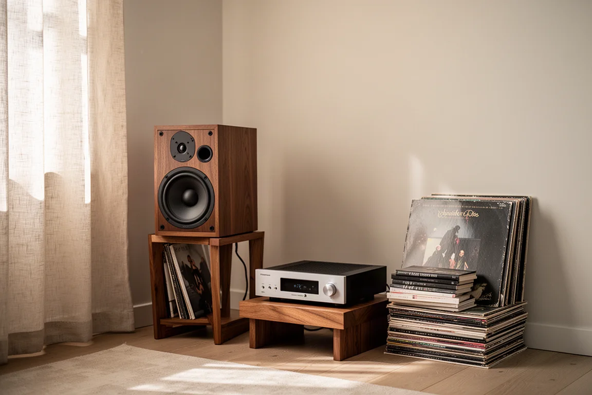 Hörecke im Wohnzimmer mit Regallautsprecher, Verstärker und einem Stapel Vinylplatten