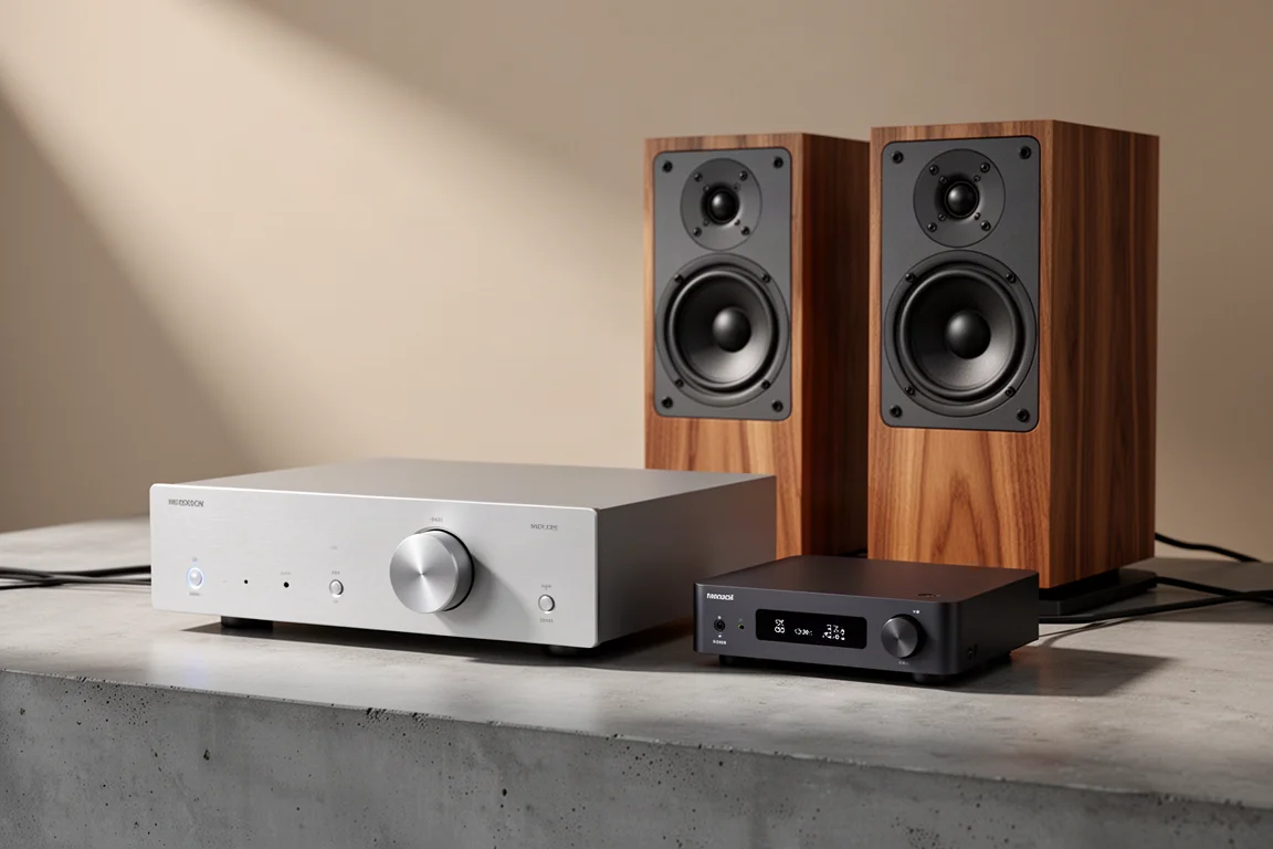 Two-channel hi-fi system with integrated amplifier, streamer, and bookshelf speakers