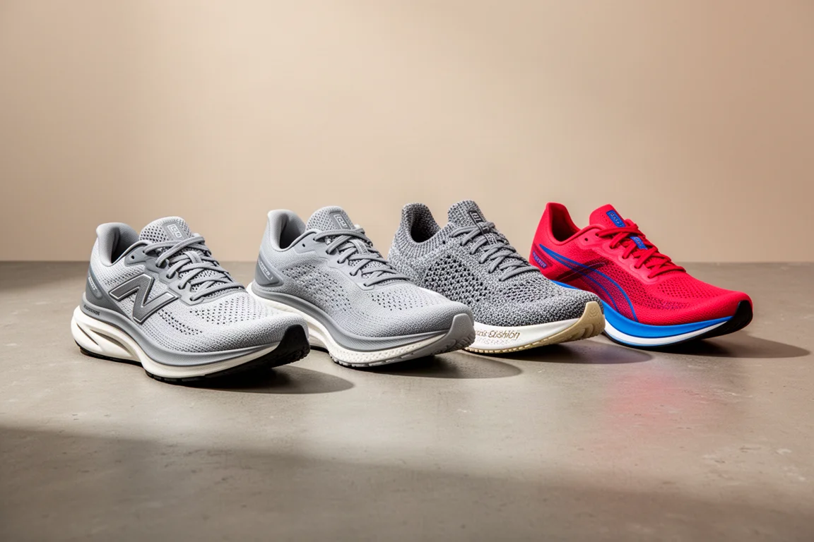 Four running shoes arranged in a row on a concrete surface