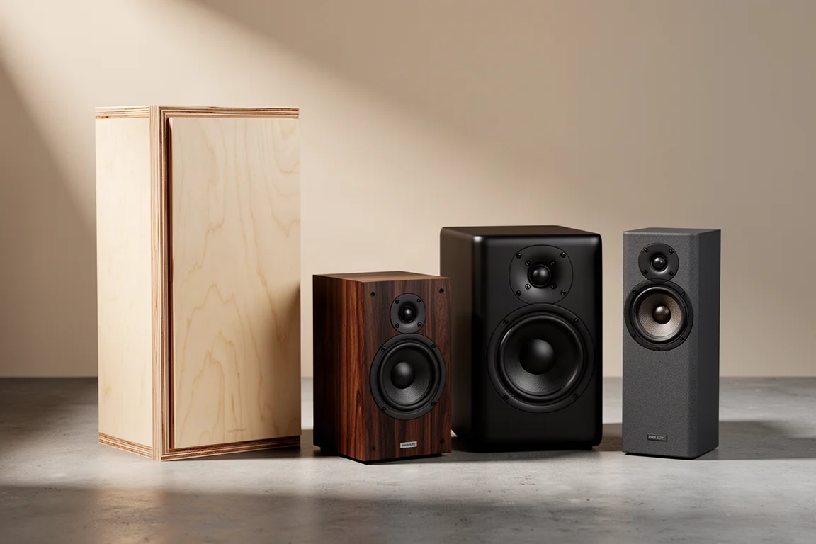 Four home speakers of different sizes arranged on a neutral surface