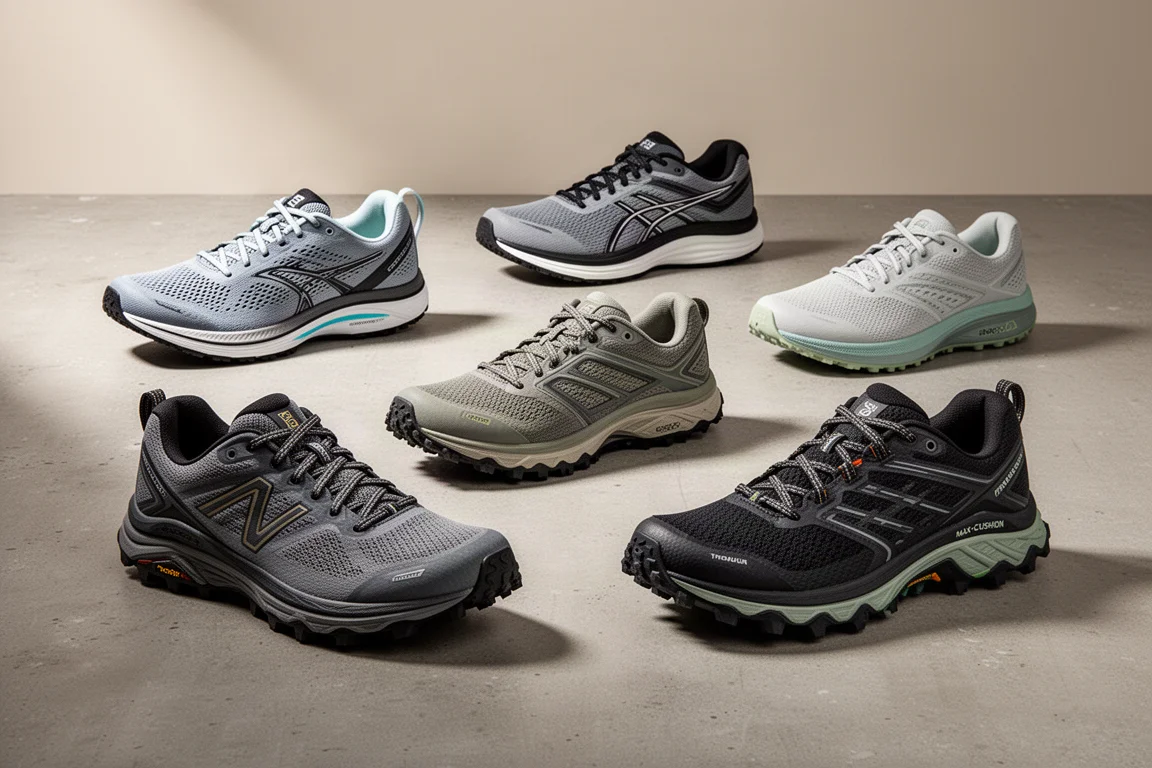 Six running shoes, road and trail models, arranged on a concrete surface