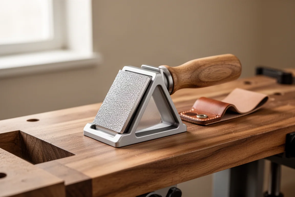 Compacte aangelede slijphulp met diamantschijven liggend op een houten werkbank