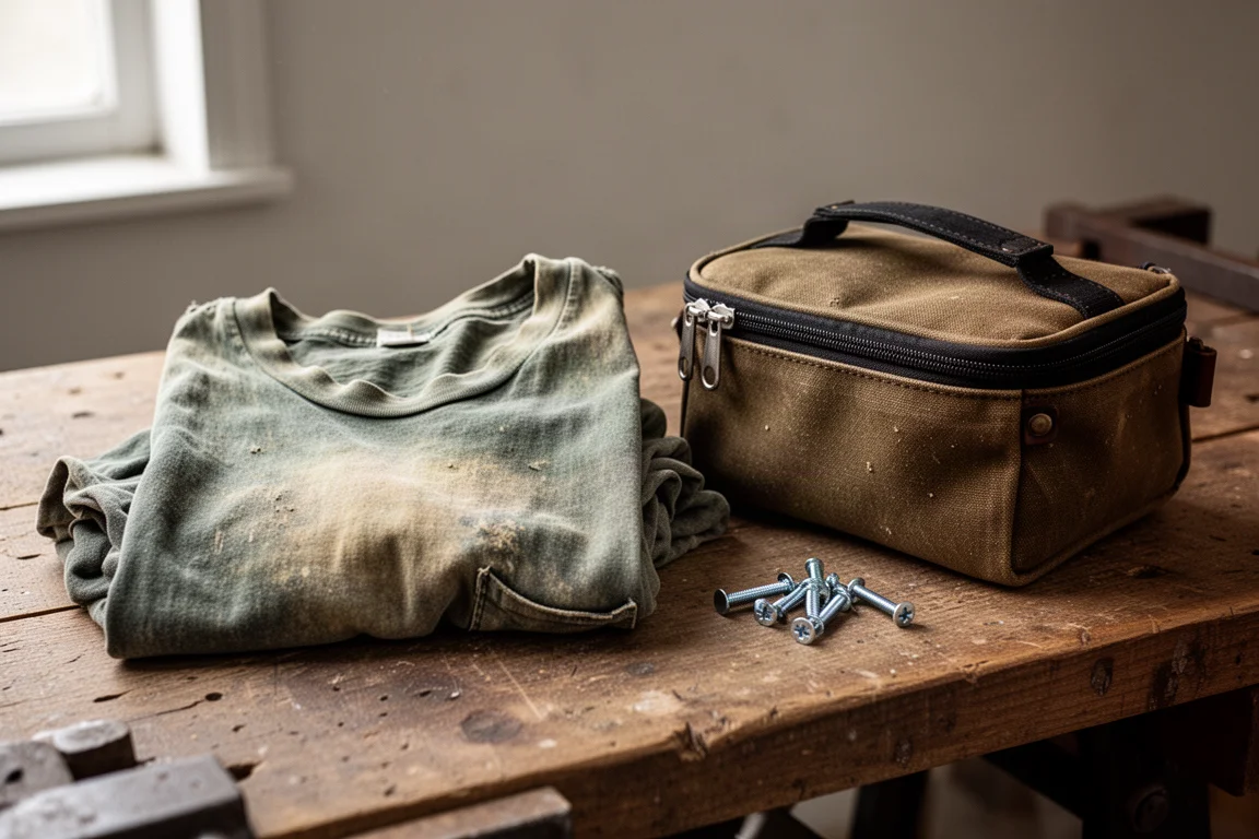 Versleten katoenen t-shirt gevouwen naast een tas voor gereedschap op een werkbank
