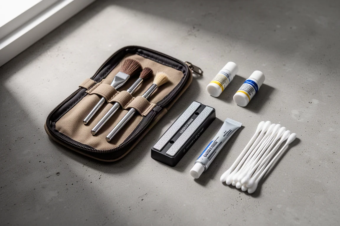Flat-lay of multi-tool maintenance kit items on a concrete surface