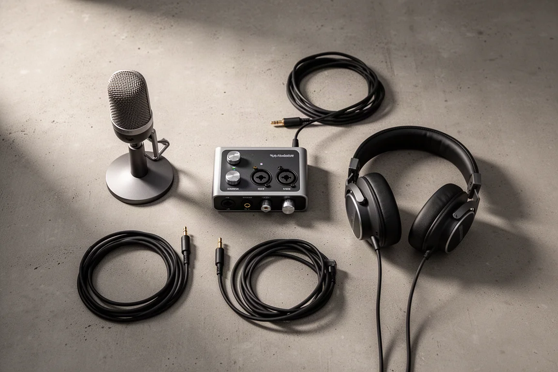 Audio interface, dynamic microphone, and studio headphones arranged on a concrete surface