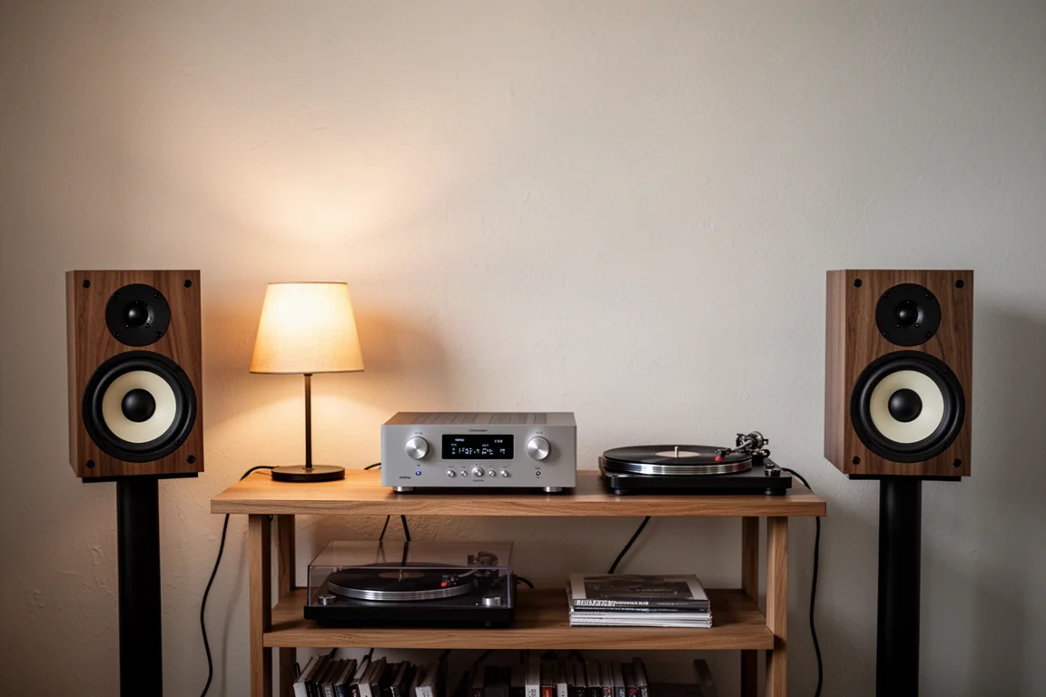 Sistema hi-fi compatto con amplificatore e diffusori da scaffale in una sala d'ascolto dalla luce soffusa