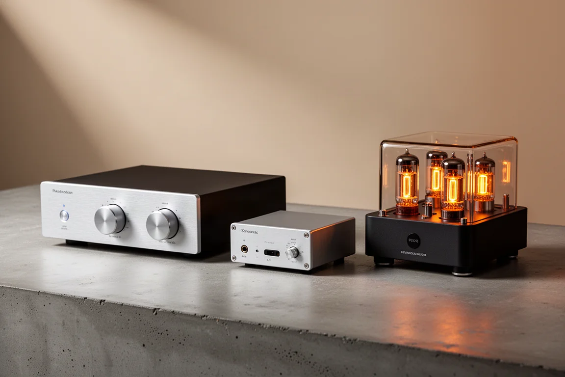 Integrated amplifier, compact desktop DAC and tube amplifier arranged on a concrete surface