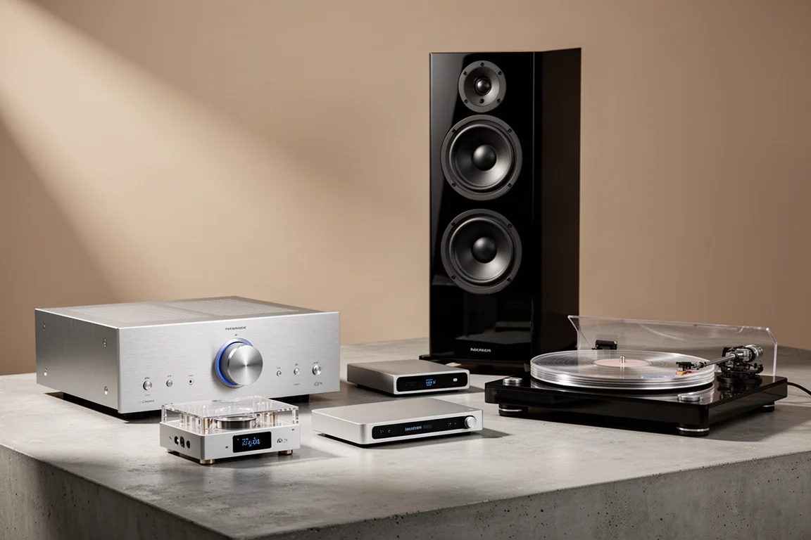 High-end hi-fi components grouped on a concrete surface in soft studio light