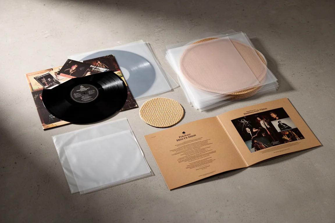 Vinyl records, clear outer sleeves and a gatefold jacket arranged on a concrete surface