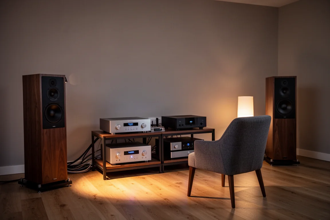 Luisterruimte in de schemering met een hifi-rack, een enkele stoel en twee luidsprekers