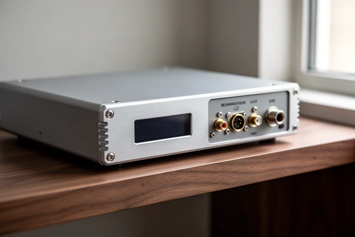 Close-up van een compacte converter-behuizing op een walnotenhouten plank met aansluitingen op de achterzijde