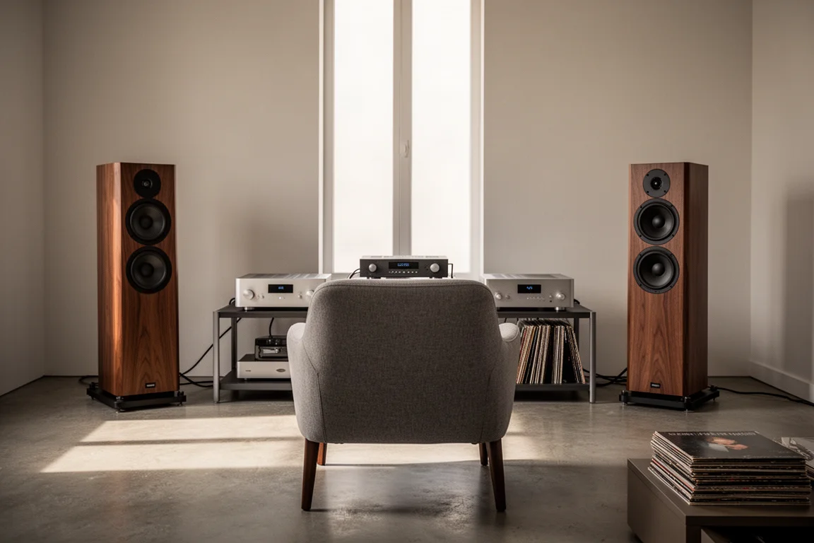 Luisterruimte met een fauteuil, luidsprekerstands en een laag rack met audiocomponenten