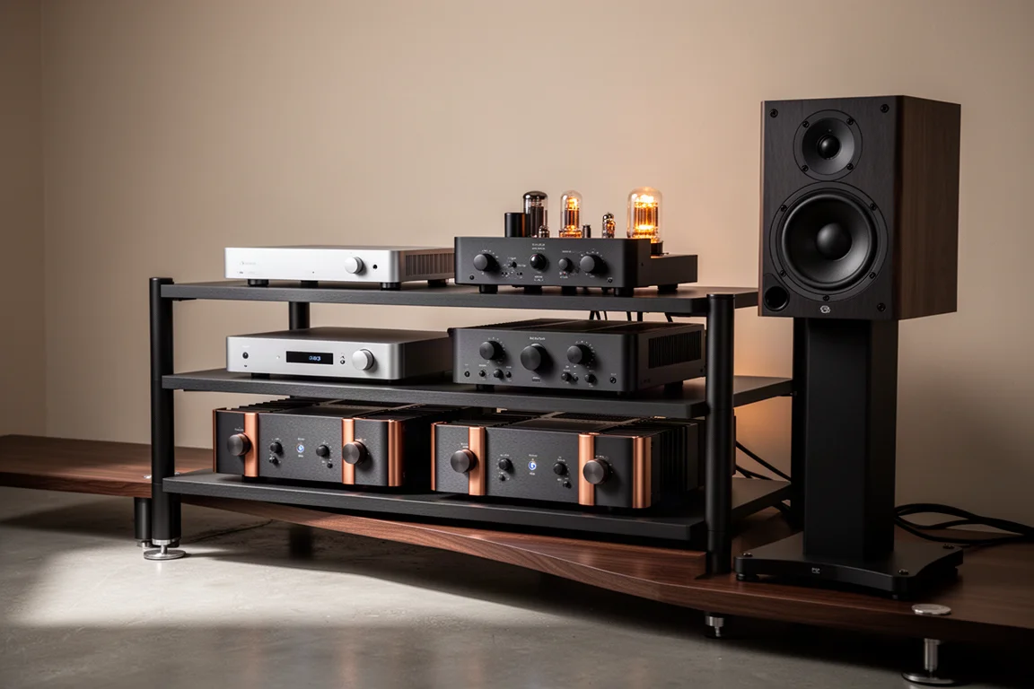 High-end audio rack with streamer, converter, valve preamplifier, monoblocks, and a loudspeaker