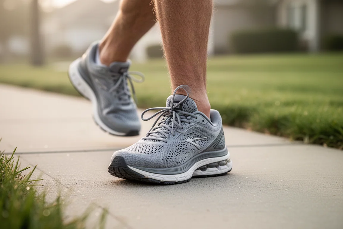Un runner allaccia le scarpe da running ammortizzate su un marciapiede in periferia nella luce del mattino