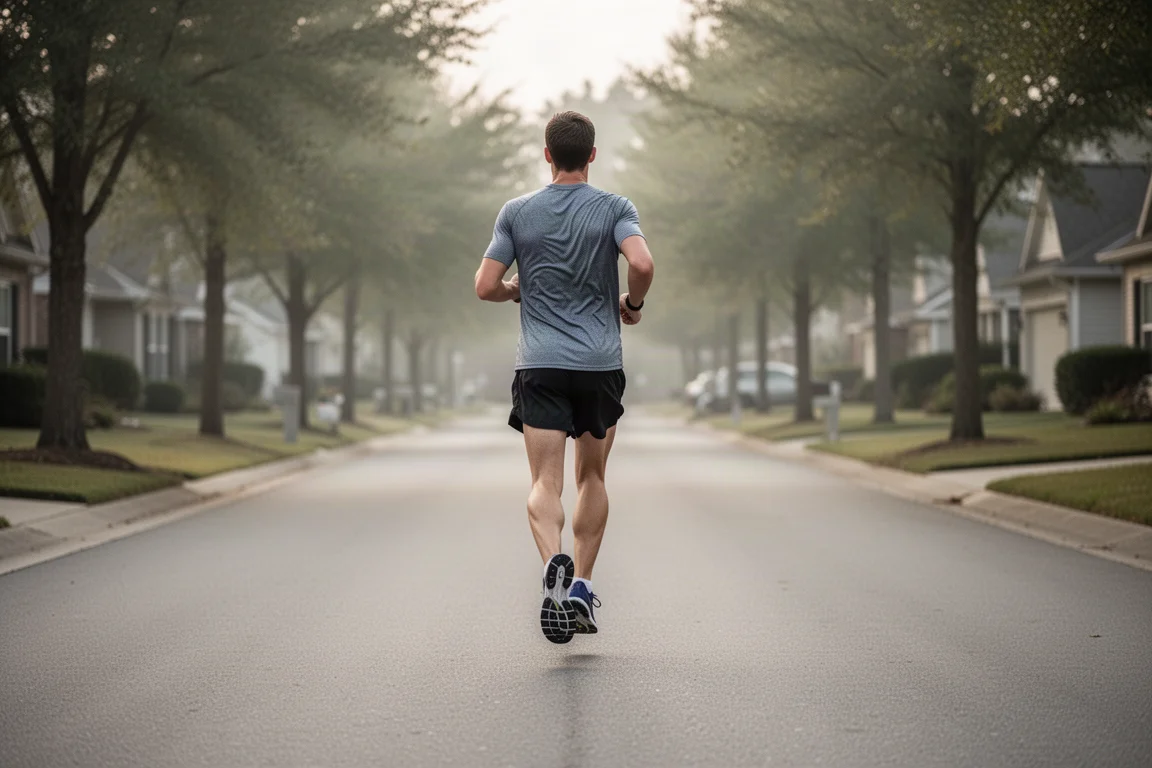 Un runner a ritmo easy su una strada tranquilla di quartiere indossa un daily trainer