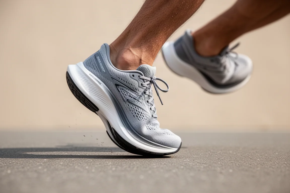 Primo piano di una scarpa da running leggera e flessibile che si piega sul piede di un runner